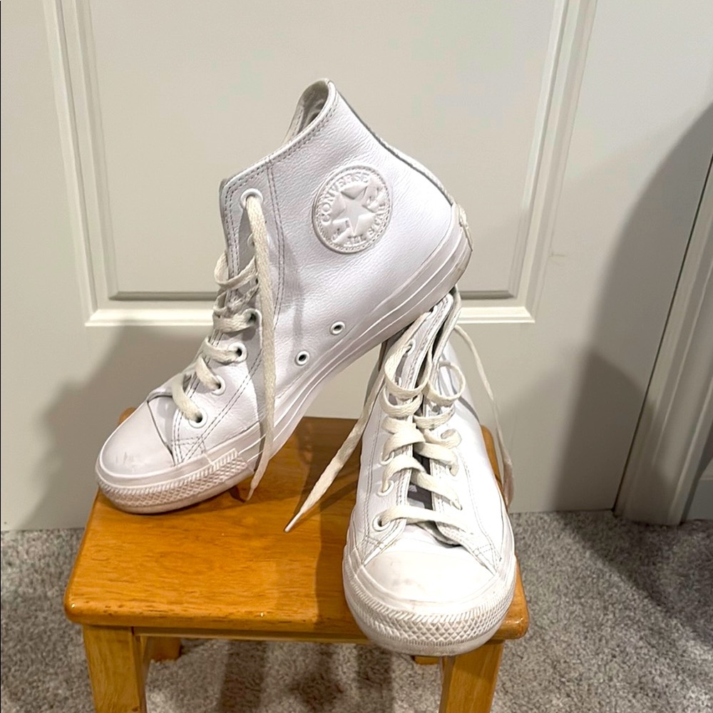 Converse All White Leather High-Top Sneakers